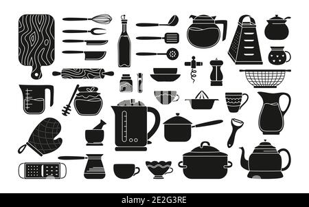 Kitchenware and utensils black glyph set. Modern kitchen tool cooking dishes, equipments. Dishes cup, tack teapot grater. Hand drawn utensils collection objects. Food preparation. Vector illustration Stock Vector