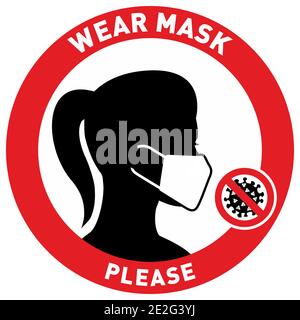 Vector attention sign, please wear face mask, in flat style. woman face silhouette Stock Vector