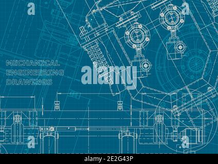 Computer aided design systems. Technical illustrations, backgrounds. Mechanical engineering drawing. Corporate style. Blueprint, diagram, plan, sketch Stock Vector