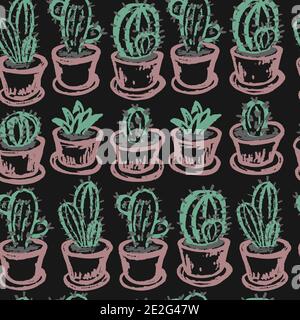 Seamless drawing. Colored wax crayons on black background. Icons, signs, symbols, pins. Home plants. Cactus Stock Vector