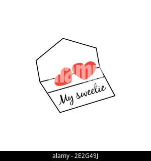 Envelope with valentines and the inscription my sweetie open. Vector isolated illustration in doodle hand drawn style. Happy Valentines Day. Declarati Stock Vector