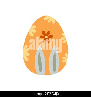 Easter egg decorated with flowers and bunny ears. Traditional food for the Orthodox and Catholic holidays. Happy easter. Colorful vector illustration Stock Vector