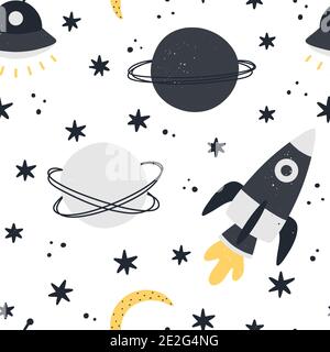 Cute space seamless pattern with rocket, moon, planets and stars isolated on white background. Childish hand drawn Scandinavian style vector illustrat Stock Vector
