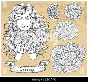 Design set with young beautiful woman holding cabbage and vegetables. Hand drawn engraved vector illustration, botanical collection, healthy eating, v Stock Photo