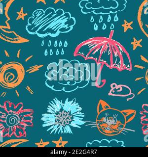 Seamless Cute children's drawing. Colored wax crayons. Icons, signs, symbols, pins. Clouds, rain, moon, stars, umbrella, mouse, cat Stock Vector