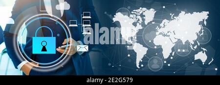 Cyber security network concept. Hand using smartphone with master key connect world networking virtual graphic and binary coded background. Stock Photo