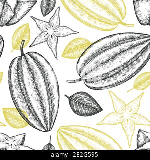 Hand drawn sketch style carambola seamless pattern. Organic fresh fruit vector illustration. Retro fruit background Stock Vector