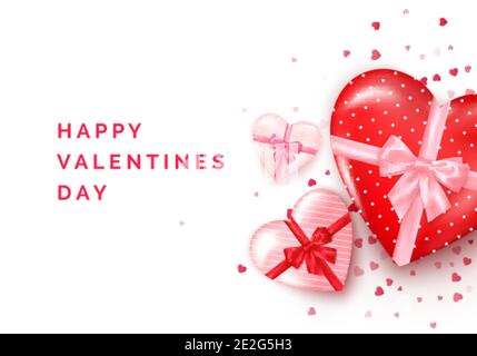 Valentines day greeting card. Heart shaped gift boxes with silk bow and confetti on background. Vector illustration Stock Vector