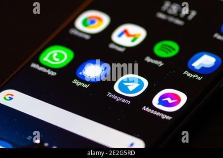 Telegram app, displayed on the screen of a smartphone with WhatsApp, Signal and Messenger Stock Photo
