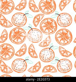 Seamless children's drawing. Colored wax crayons. Icons, signs, symbols, pins. Orange, slices Stock Vector