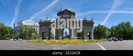 Panoramic view of the famous Puerta de Alcalá in Madrid, Spain. Space for text. Stock Photo