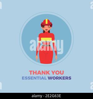 Fireman woman blue thanks essential workers logo - Vector Stock Vector