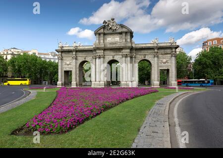 View of the famous Puerta de Alcala. Historical monument in the city of Madrid, Spain. Stock Photo