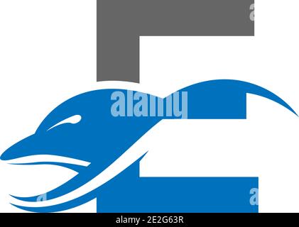 Dolphin with Letter E logo icon design concept vector template illustration Stock Vector