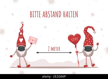 Quote in german language Bitte Abstand halten for Valentines day. Cute gnomes wearing a protective face masks from coronavirus. Vector illustration in Stock Vector