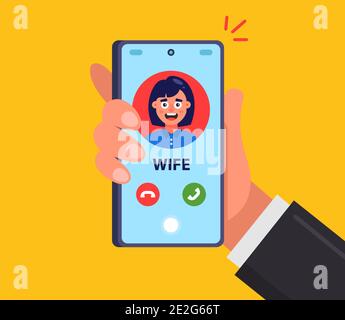 wife calls her husband on a mobile smartphone. flat vector illustration isolated on white background. Stock Vector