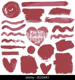 Collection of dirty elements. Large set of two-color strokes, brushes, dots, inks, strokes and lines. Vector illustration isolated. Red shades Stock Vector