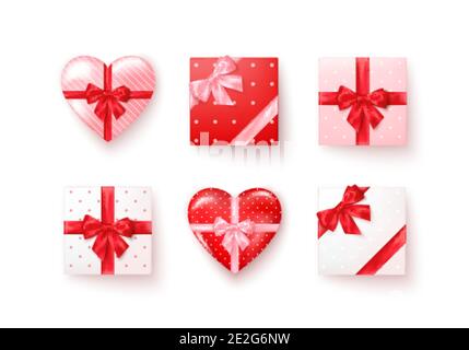 Set of gift boxes with silk bows in realistic style top view. Square and heart shape boxes different colors. Vector Stock Vector