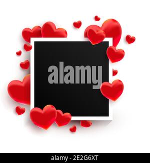 Empty black photo frame with many 3d red sweet love hearts shape on white background. Stock Vector