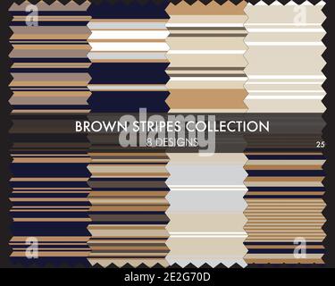 Brown striped seamless pattern collection includes 8 designs for fashion textiles, graphics Stock Vector