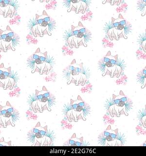 Seamless pattern with a black and white Cartoon French Bulldog puppies in a glasses on a pink background. Vector illustration. Stock Vector