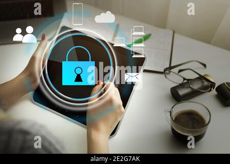 business man using modern tablet computer. cyber security concept. business tehnology and internet concept. Stock Photo