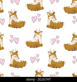 Cute deer with hearts vector seamless pattern. Children's themed Wallpapers Stock Vector