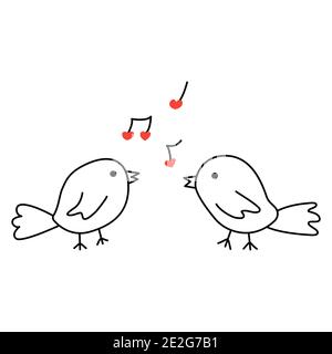 Two cute birds sing a love song. Musical notes with hearts fly in the air. Singing serenade. Confession of feelings. Happy Valentines Day. February 14 Stock Vector