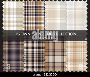 Brown Glen Plaid Tartan seamless pattern collection includes 8 designs for fashion textiles and Stock Vector