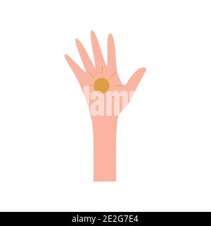Human hand with drawn sun on the palm. Light in people. Positive energy. Caring and love. Support and solidarity. Colorful vector isolated illustratio Stock Vector