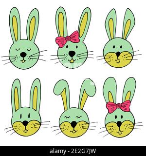 Easter illustration. Happy Easter. Set of cute drawings, Easter bunny. A collection of images of hares. Pastel green, red bows Stock Vector