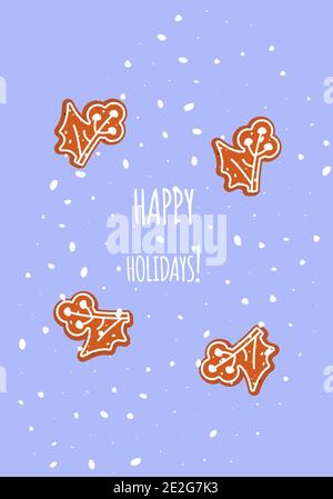 Christmas card with gingerbreads mistletoe shaped. Cute New Year postcard traditional winter dessert. Snowy invitation, greeting decorated with icon pastry as symbol Xmas holidays. Vector illustration Stock Vector