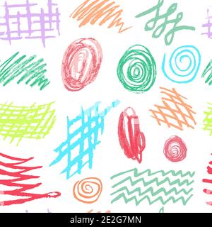 Seamless drawing. Colored wax crayons. Icons, signs, pins. Doodle, sketch, outline. Scribble Stock Vector