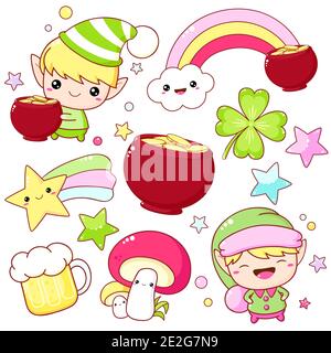 Set of St. Patrick's day icons in kawaii style. Little leprechaun, cute elf with pot of gold, rainbow, mushroom, gold coins in pot, clover leaf. Vecto Stock Vector