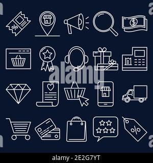 Internet shop icon set in colored line style. E-commerce symbols collection. Buying online. Vector illustration. Stock Vector
