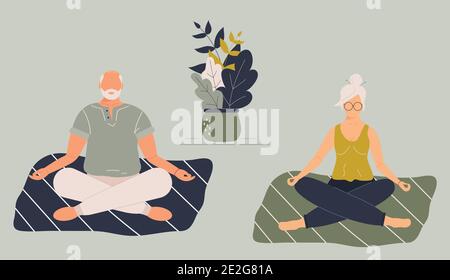 Elderly funny woman and man in yoga lotus position doing meditation, mindfulness practice,spiritual discipline at home or gym.Cute old lady and male Stock Vector