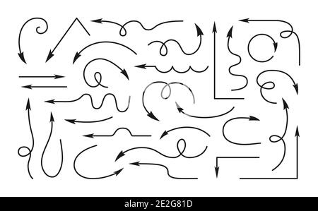 Sketch black arrows hand drawing set. Grunge different directions line pointer collection. Various curved, arched artistic uneven arrow shapes cursor. Vector signpost design elements Stock Vector
