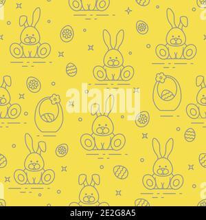 Seamless pattern with Easter symbols. Rabbits, eggs, baskets of decorated eggs.  Illuminating and Ultimate Gray. Stock Vector