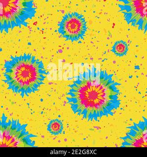 Holi festival inspired paint tie dye circles seamless vector pattern background. Irregular tropical color painterly spatter design on speckled Stock Vector