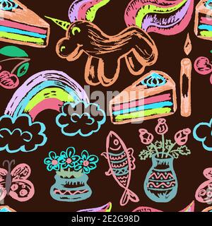 Seamless children's drawing. Colored wax crayons. Icons, signs, symbols, pins. Unicorn, rainbow Stock Vector