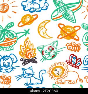 Seamless drawing. Colored wax crayons. Icons, signs, symbols, pins. Safari travel. Plane, helicopter, bonfire, lion, planets, moon Stock Vector