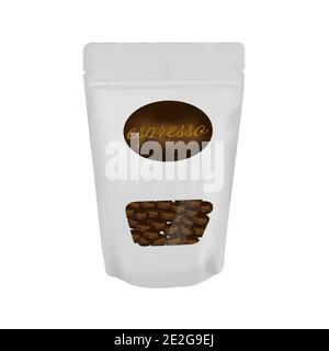 White packaging aluminum foil zipper coffee beans pouch bag. Vector illustration creative design Stock Vector