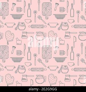 Cookware kitchen pink seamless pattern, line cartoon style. Baking icons tools doodle dishes, equipments. Potholder board, tea honey, mug knife texture, wallpaper. Vector illustration Stock Vector