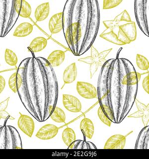 Hand drawn sketch style carambola seamless pattern. Organic fresh fruit vector illustration. Retro fruit background Stock Vector