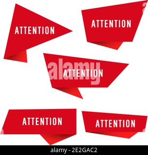 Set of red color origami geometrical stickers template with attention text in a flat design on white background. Vector illustration. Stock Vector