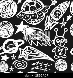 Seamless children's drawing. Black and white. Icons, signs, symbols, pins. Space elements. Planet, star, comet Stock Vector