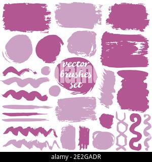 Large set of two-color strokes, brushes, dots, inks, strokes and lines. Isolated. Collection of dirty elements. Violet shades Stock Vector