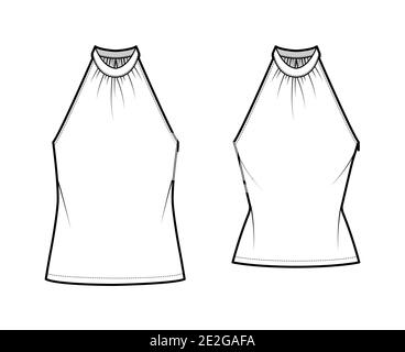 Set of Tops banded high neck halter tank technical fashion illustration with wrap, slim, oversized fit, tunic length. Flat apparel outwear template front, white color. Women men CAD mockup Stock Vector