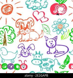 Seamless children's drawing. Colored wax crayons. Icons, signs, symbols, pins. Animals, flowers, clouds, apple, caterpillar Stock Vector