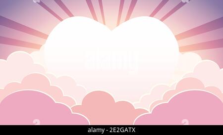 Valentines day colorful sky in in the morning time background with clouds and sun heart with rays Stock Vector